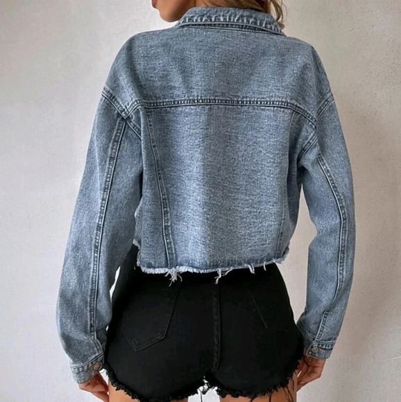 Drop Shoulder Rhinestone Fringe Trim Raw Cut Crop Denim Jacket - Picture 5 of 6